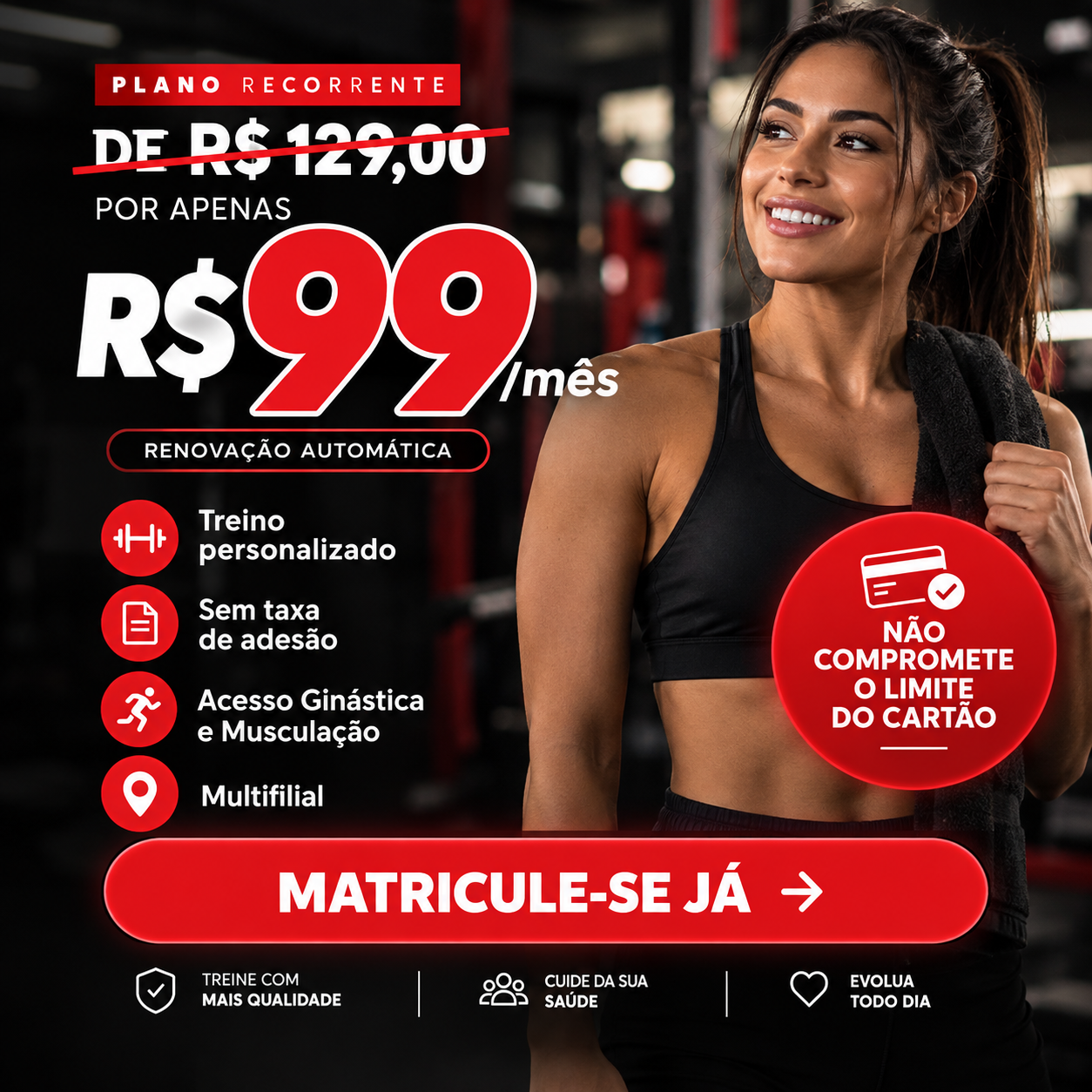 Plano recorrente Tecnoforma: de R$ 129 por R$ 99 mensais. Não compromete o limite do cartão.